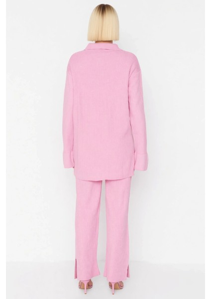 Kadın Alt Üst Rahat Kesim Düşük Kol Polo Yaka Triko Gömlek Yüksek Bel Geniş Paça Pantolon Takımı indirimleri