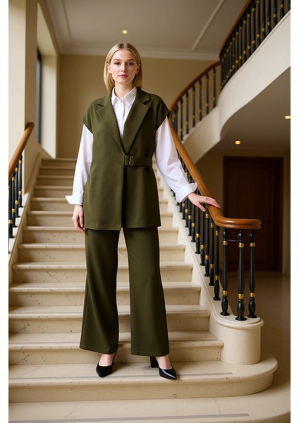 Kadın Alt Üst Kolsuz Blazer Yelek Geniş Paça Pantolon Takımı Modern Rahat Günlük Ofis Kombinleri