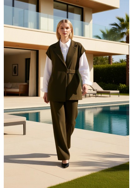 Kadın Alt Üst Kolsuz Blazer Yelek Geniş Paça Pantolon Takımı Modern Rahat Günlük Ofis Kombinleri fiyatları