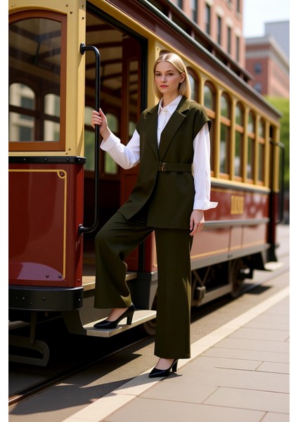 Kadın Alt Üst Kolsuz Blazer Yelek Geniş Paça Pantolon Takımı Modern Rahat Günlük Ofis Kombinleri modelleri