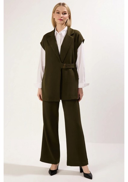 Kadın Alt Üst Kolsuz Blazer Yelek Geniş Paça Pantolon Takımı Modern Rahat Günlük Ofis Kombinleri fırsatları