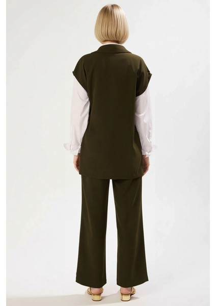 Kadın Alt Üst Kolsuz Blazer Yelek Geniş Paça Pantolon Takımı Modern Rahat Günlük Ofis Kombinleri indirimleri