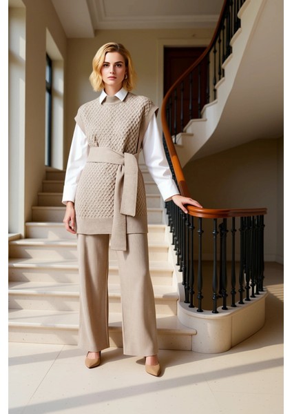 Kadın Alt Üst Kuşak Pirinç Örgü Uzun Süveter Rahat Kesim Geniş Paça Triko Pantolon Ikili Takım