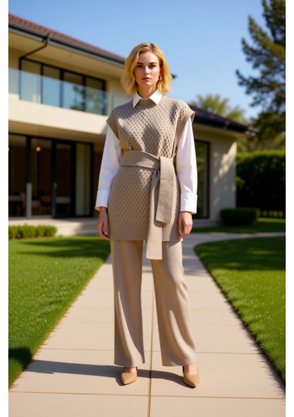 Kadın Alt Üst Kuşak Pirinç Örgü Uzun Süveter Rahat Kesim Geniş Paça Triko Pantolon Ikili Takım fiyatları