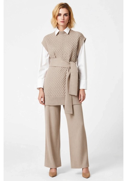 Kadın Alt Üst Kuşak Pirinç Örgü Uzun Süveter Rahat Kesim Geniş Paça Triko Pantolon Ikili Takım fırsatları
