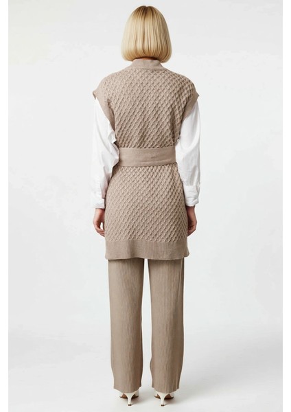Kadın Alt Üst Kuşak Pirinç Örgü Uzun Süveter Rahat Kesim Geniş Paça Triko Pantolon Ikili Takım indirimleri