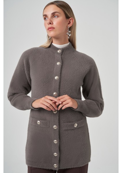 Cep Detay Angora Hırka 7008 Füme