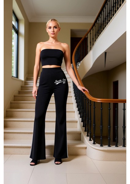 Kadın Alt Üst Üçlü Rahat Kesim Nakış Detaylı Fermuarlı Ceket Crop Üst Ispanyol Paça Eşofman Takımı