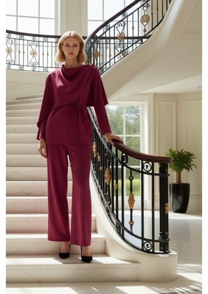 Kadın Alt Üst Drapeli Yaka Kuşak Detaylı Geniş Paça Pantolon Takımı Şık ve Rahat Birleşim Kaliteli