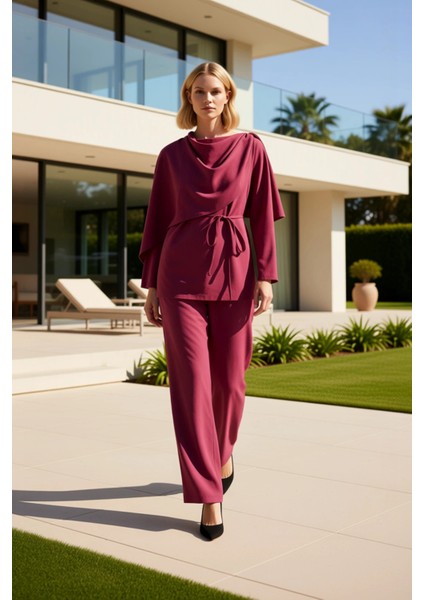 Kadın Alt Üst Drapeli Yaka Kuşak Detaylı Geniş Paça Pantolon Takımı Şık ve Rahat Birleşim Kaliteli fiyatları