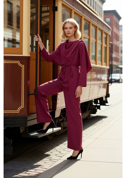 Kadın Alt Üst Drapeli Yaka Kuşak Detaylı Geniş Paça Pantolon Takımı Şık ve Rahat Birleşim Kaliteli modelleri