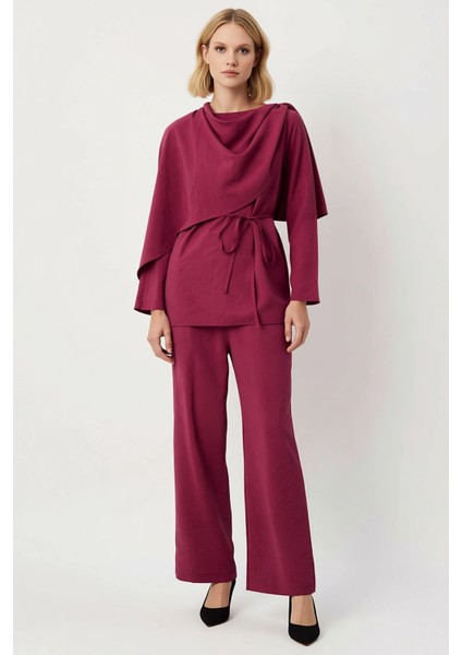 Kadın Alt Üst Drapeli Yaka Kuşak Detaylı Geniş Paça Pantolon Takımı Şık ve Rahat Birleşim Kaliteli fırsatları