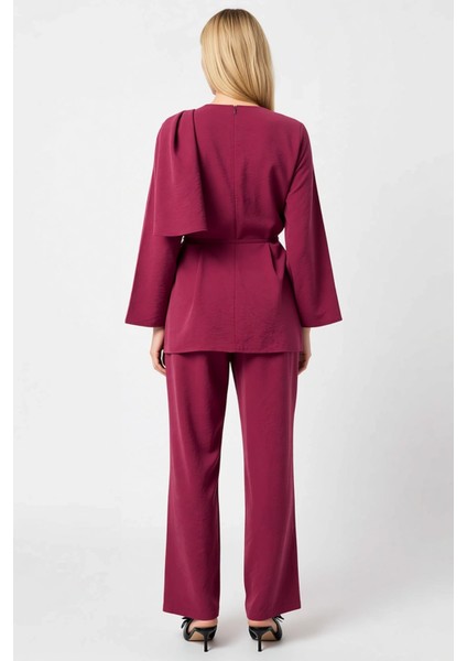 Kadın Alt Üst Drapeli Yaka Kuşak Detaylı Geniş Paça Pantolon Takımı Şık ve Rahat Birleşim Kaliteli indirimleri