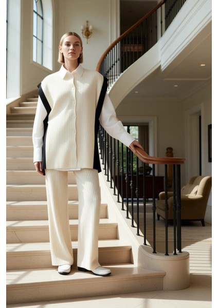 Kadın Alt Üst Renk Bloklu Düğmeli Triko Yelek ve Geniş Paça Pantolon Takımı Şık ve Rahat Kombin Spor