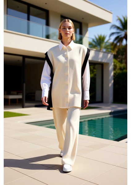 Kadın Alt Üst Renk Bloklu Düğmeli Triko Yelek ve Geniş Paça Pantolon Takımı Şık ve Rahat Kombin Spor fiyatları