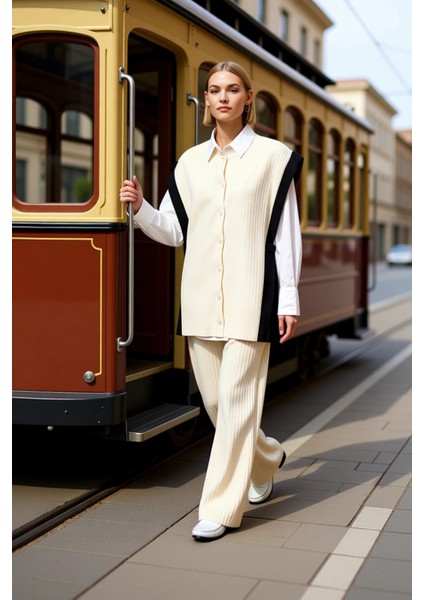 Kadın Alt Üst Renk Bloklu Düğmeli Triko Yelek ve Geniş Paça Pantolon Takımı Şık ve Rahat Kombin Spor modelleri