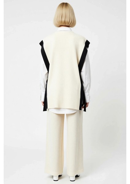 Kadın Alt Üst Renk Bloklu Düğmeli Triko Yelek ve Geniş Paça Pantolon Takımı Şık ve Rahat Kombin Spor indirimleri