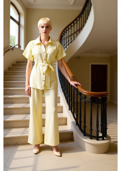 Kuşak Detaylı Kısa Kollu Gömlek ve Geniş Paça Pantolon Ikili Takım Kadın Alt Üst Günlük Şıklık Şık