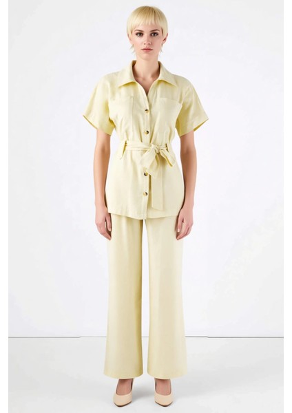 Kuşak Detaylı Kısa Kollu Gömlek ve Geniş Paça Pantolon Ikili Takım Kadın Alt Üst Günlük Şıklık Şık fırsatları