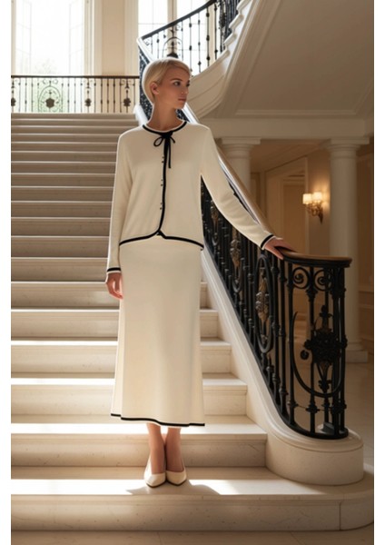 Kadın Alt Üst Biyeli Triko Elbise ve Hırka Takımı Uzun Kollu Rahat ve Şık Kombin Fonksiyonel Zarif