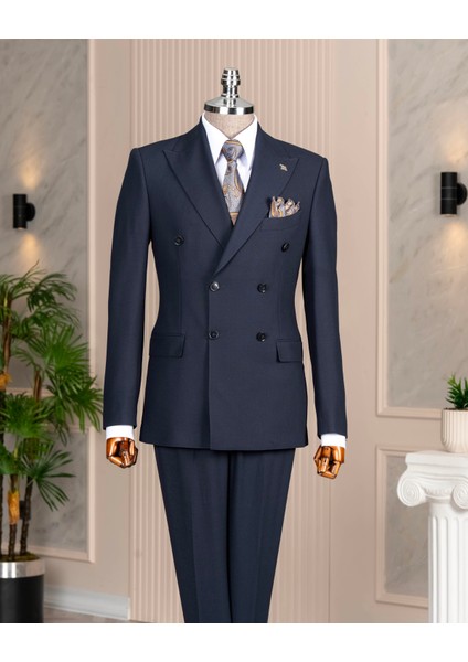 Italyan Stil Slim Fit Kruvaze Ceket Pantolon Takım Elbise Lacivert T14737