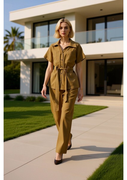 Kuşak Detaylı Kısa Kollu Gömlek ve Geniş Paça Pantolon Ikili Takım Kadın Alt Üst Günlük Şıklık Şık fiyatları