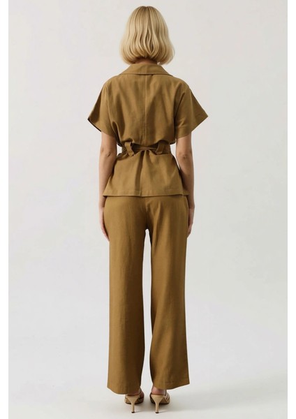 Kuşak Detaylı Kısa Kollu Gömlek ve Geniş Paça Pantolon Ikili Takım Kadın Alt Üst Günlük Şıklık Şık indirimleri