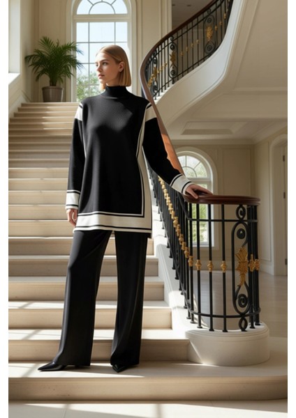 Kadın Alt Üst Çizgili Desenli Dik Yaka Triko Tunik ve Geniş Paça Pantolon Takımı ve Konforlu Günler