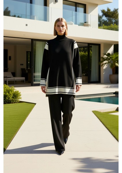 Kadın Alt Üst Çizgili Desenli Dik Yaka Triko Tunik ve Geniş Paça Pantolon Takımı ve Konforlu Günler fiyatları