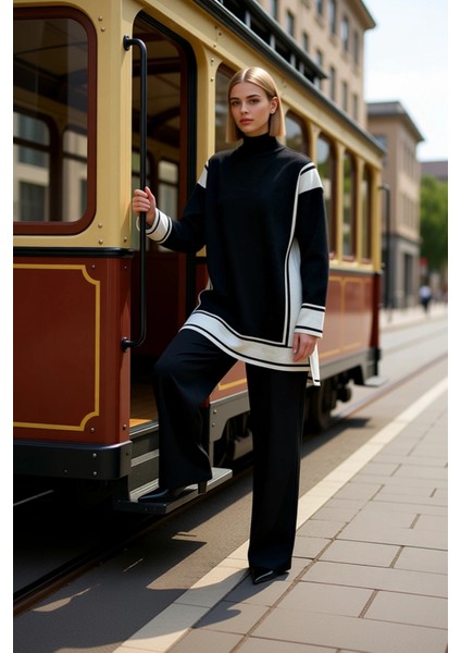 Kadın Alt Üst Çizgili Desenli Dik Yaka Triko Tunik ve Geniş Paça Pantolon Takımı ve Konforlu Günler modelleri