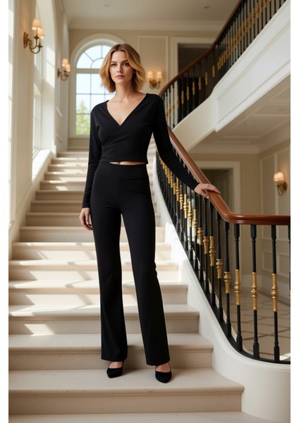 Kadın Alt Üst Melanj Örme Kruvaze Uzun Kollu Crop Üst ve Geniş Paça Rahat Kesim Pantolon Takımı Şık