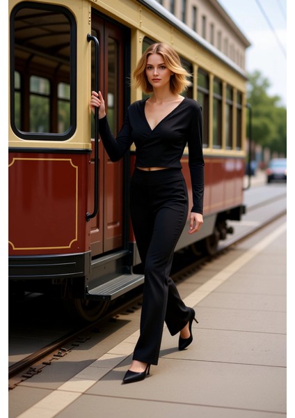 Kadın Alt Üst Melanj Örme Kruvaze Uzun Kollu Crop Üst ve Geniş Paça Rahat Kesim Pantolon Takımı Şık modelleri