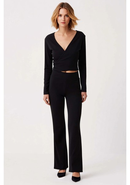 Kadın Alt Üst Melanj Örme Kruvaze Uzun Kollu Crop Üst ve Geniş Paça Rahat Kesim Pantolon Takımı Şık fırsatları