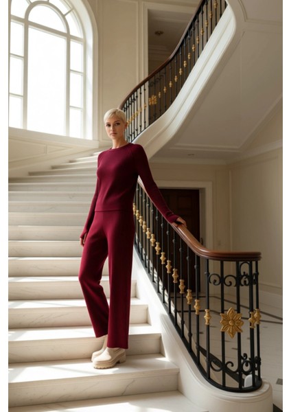 Kadın Alt Üst Fitilli Triko Alt Üst Takım Parmak Detaylı Uzun Kollu Bisiklet Yaka Konforlu Kombin