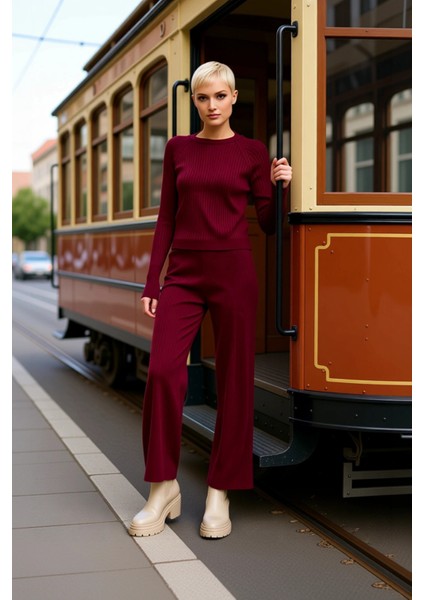 Kadın Alt Üst Fitilli Triko Alt Üst Takım Parmak Detaylı Uzun Kollu Bisiklet Yaka Konforlu Kombin modelleri