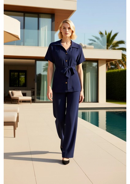 Kuşak Detaylı Kısa Kollu Gömlek ve Geniş Paça Pantolon Ikili Takım Kadın Alt Üst Günlük Şıklık Şık fiyatları