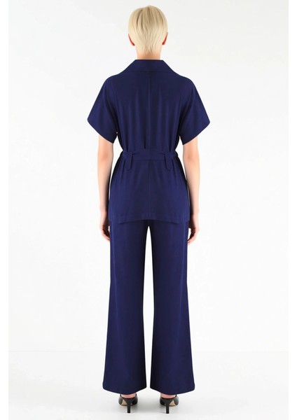 Kuşak Detaylı Kısa Kollu Gömlek ve Geniş Paça Pantolon Ikili Takım Kadın Alt Üst Günlük Şıklık Şık indirimleri