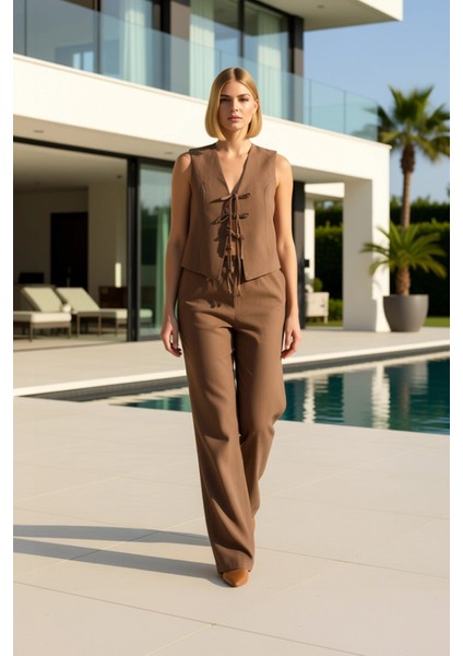 Kadın Alt Üst Keten Görünümlü V Yaka Kolsuz Bluz Yüksek Bel Geniş Paça Pantolon Takım fiyatları