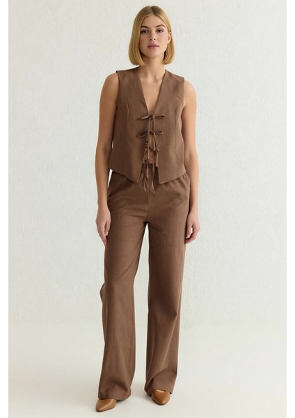 Kadın Alt Üst Keten Görünümlü V Yaka Kolsuz Bluz Yüksek Bel Geniş Paça Pantolon Takım fırsatları