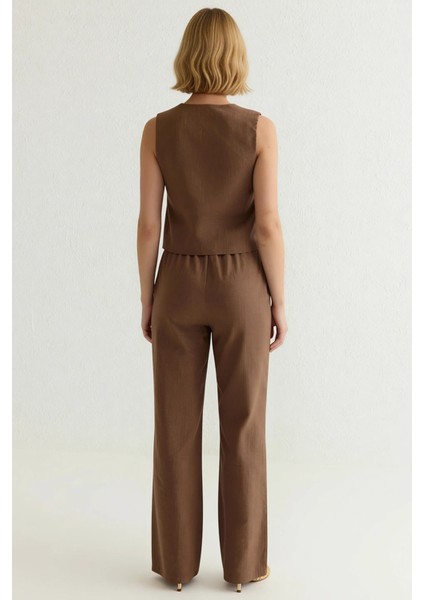 Kadın Alt Üst Keten Görünümlü V Yaka Kolsuz Bluz Yüksek Bel Geniş Paça Pantolon Takım indirimleri