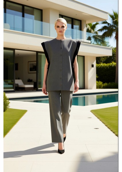 Kadın Alt Üst Renk Bloklu Düğmeli Triko Yelek ve Geniş Paça Pantolon Takımı Şık ve Rahat Kombin Spor fiyatları