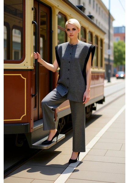 Kadın Alt Üst Renk Bloklu Düğmeli Triko Yelek ve Geniş Paça Pantolon Takımı Şık ve Rahat Kombin Spor modelleri