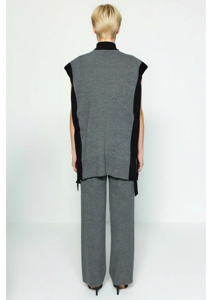 Kadın Alt Üst Renk Bloklu Düğmeli Triko Yelek ve Geniş Paça Pantolon Takımı Şık ve Rahat Kombin Spor indirimleri