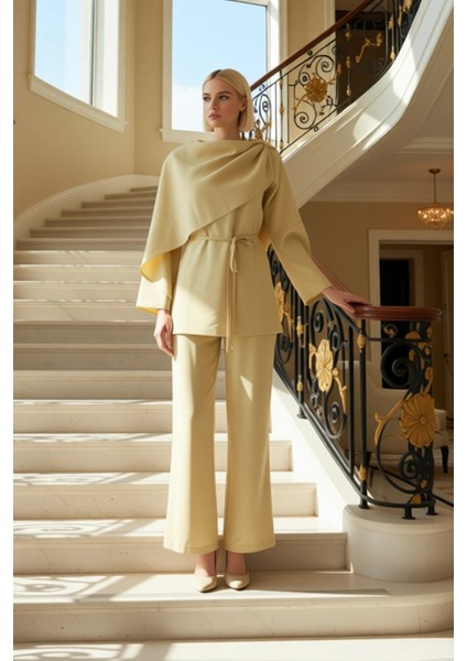 Kadın Alt Üst Drapeli Yaka Kuşak Detaylı Geniş Paça Pantolon Takımı Şık ve Rahat Birleşim Kaliteli