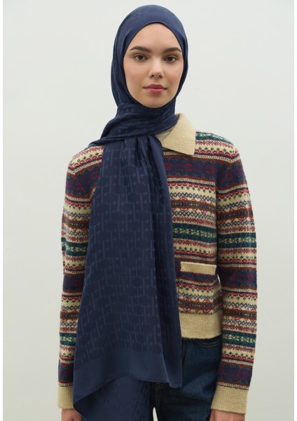 Monogram Pamuk Floş Jakarlı Şal Gece Mavisi