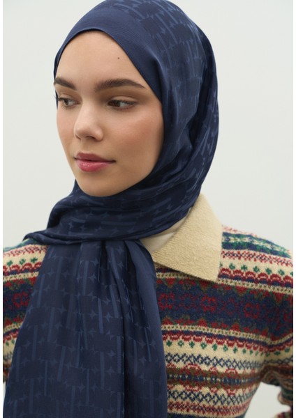 Monogram Pamuk Floş Jakarlı Şal Gece Mavisi fiyatları