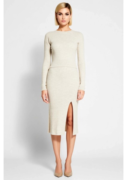 Kadın Alt Üst Ribanalı Örgü Crop Kazak ve Yırtmaç Detaylı Midi Etek Takımı Günlük Şıklık ve Modern fırsatları