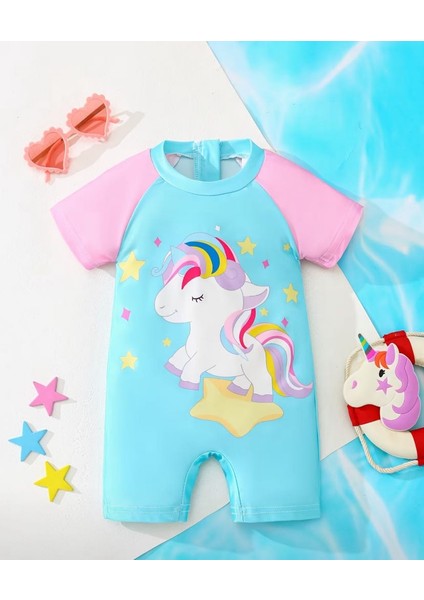 Unicorn Desenli Kısa Kollu Tulum Mayo – Pembe Mavi Renkli, Rahat ve Esnek Bebek Swimwear