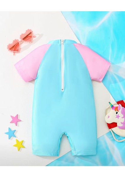 Unicorn Desenli Kısa Kollu Tulum Mayo – Pembe Mavi Renkli, Rahat ve Esnek Bebek Swimwear fiyatları