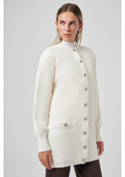 Cep Detay Angora Hırka 7008 Ekru